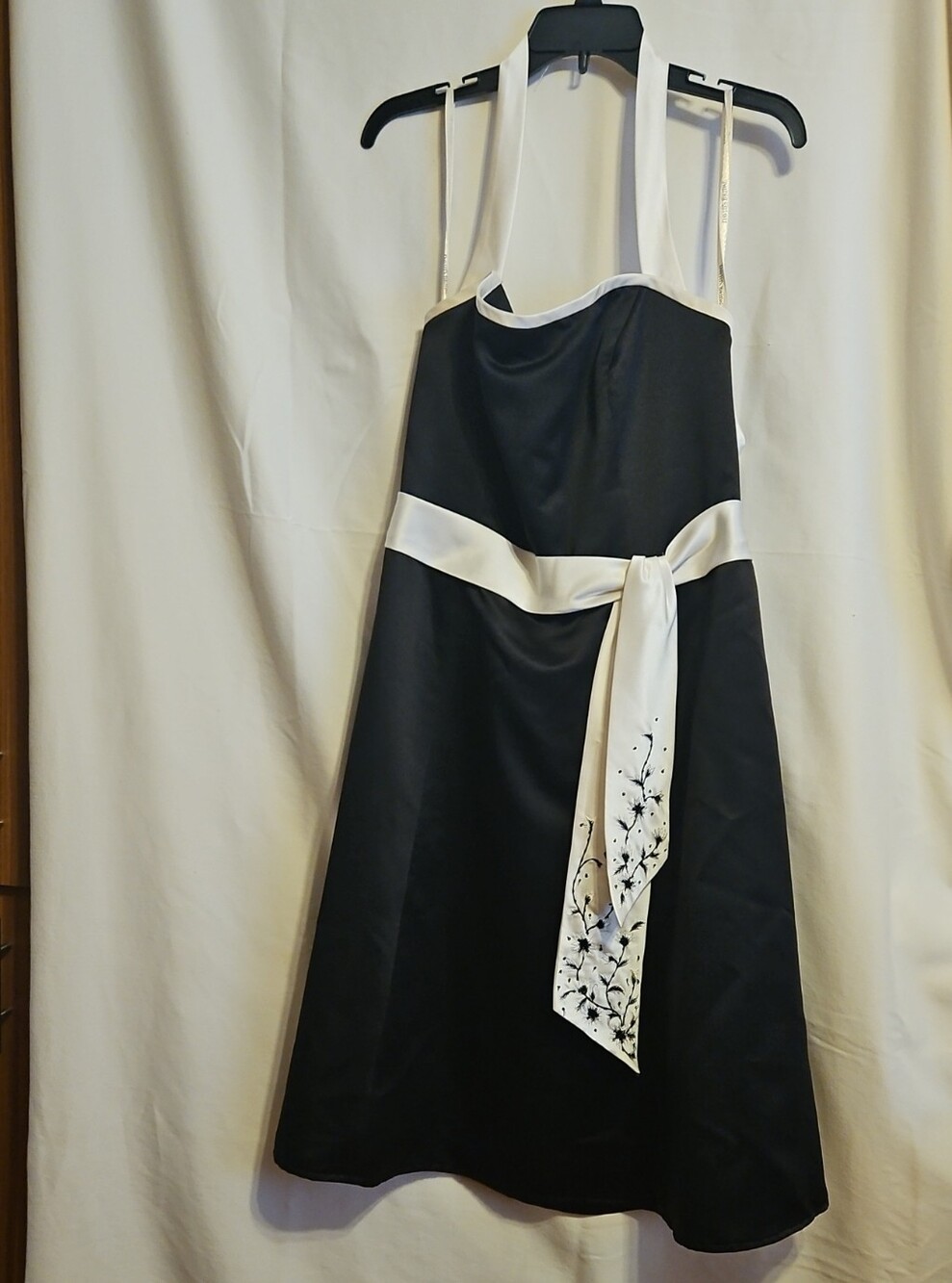 David's Bridal Black Halter Midi Dress with White Sash